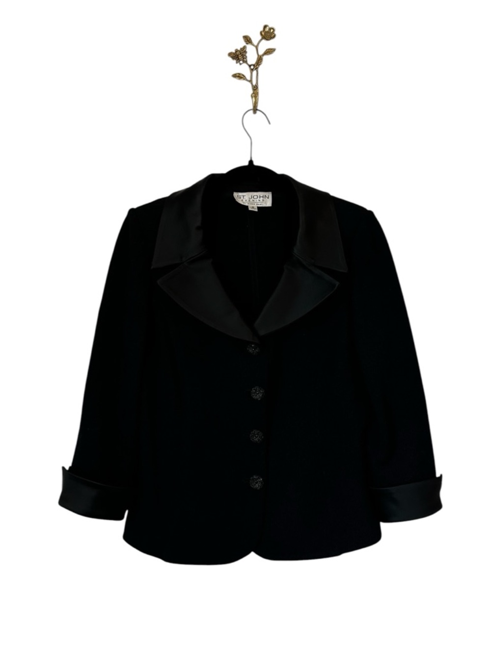 ST JOHN Evening Black Santana Knit Jacket Satin Collar Old Money Quiet Luxury
